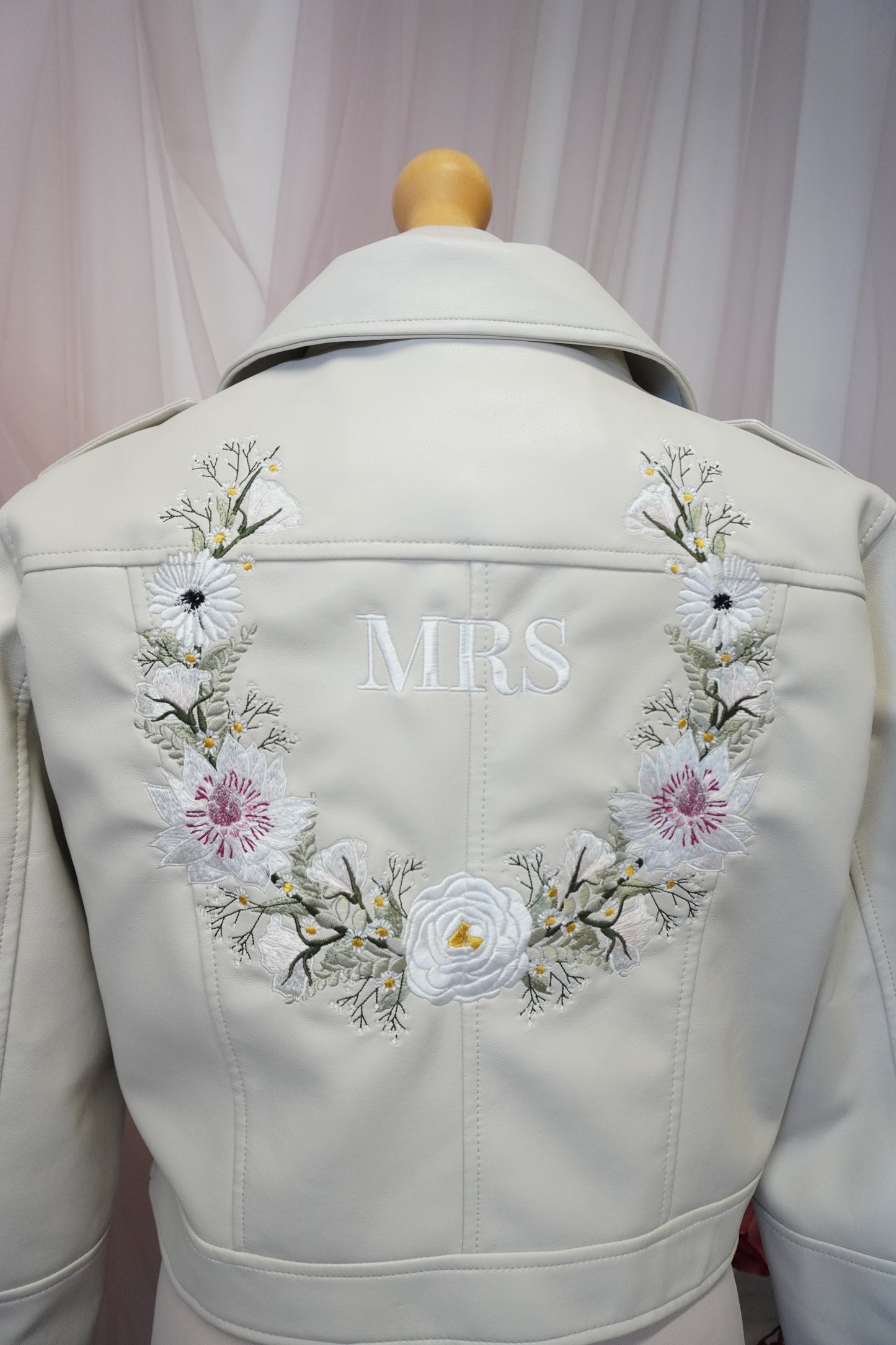 Women's Ivory Cream Cropped Embroidered Faux Leather Jacket - Elegant Greenery Victoria Light