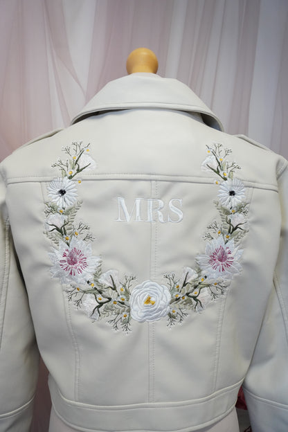Women's Ivory Cream Cropped Embroidered Faux Leather Jacket - Elegant Greenery Victoria Light