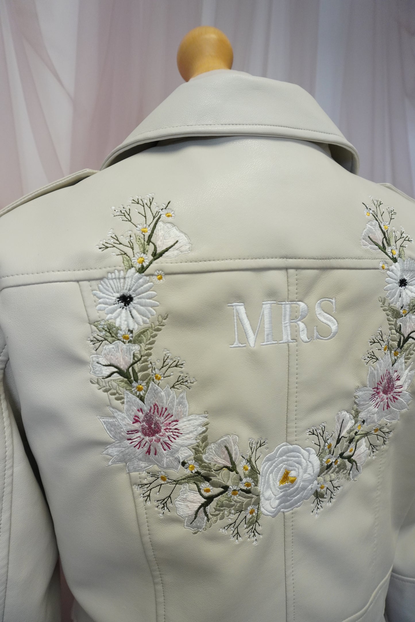 Women's Ivory Cream Cropped Embroidered Faux Leather Jacket - Elegant Greenery Victoria Light