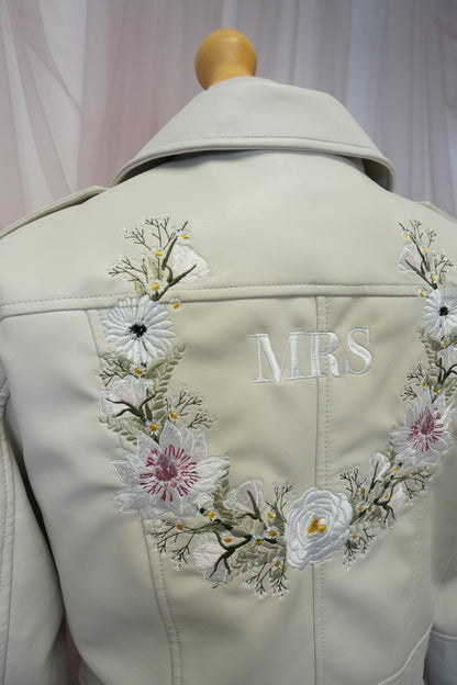 Women's Ivory Cream Cropped Embroidered Faux Leather Jacket - Elegant Greenery Victoria Light