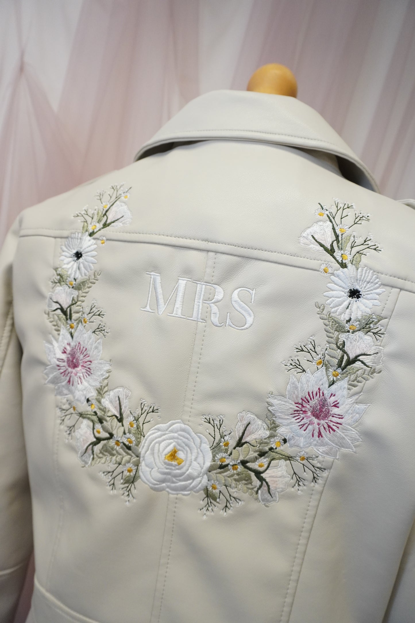 Women's Ivory Cream Cropped Embroidered Faux Leather Jacket - Elegant Greenery Victoria Light