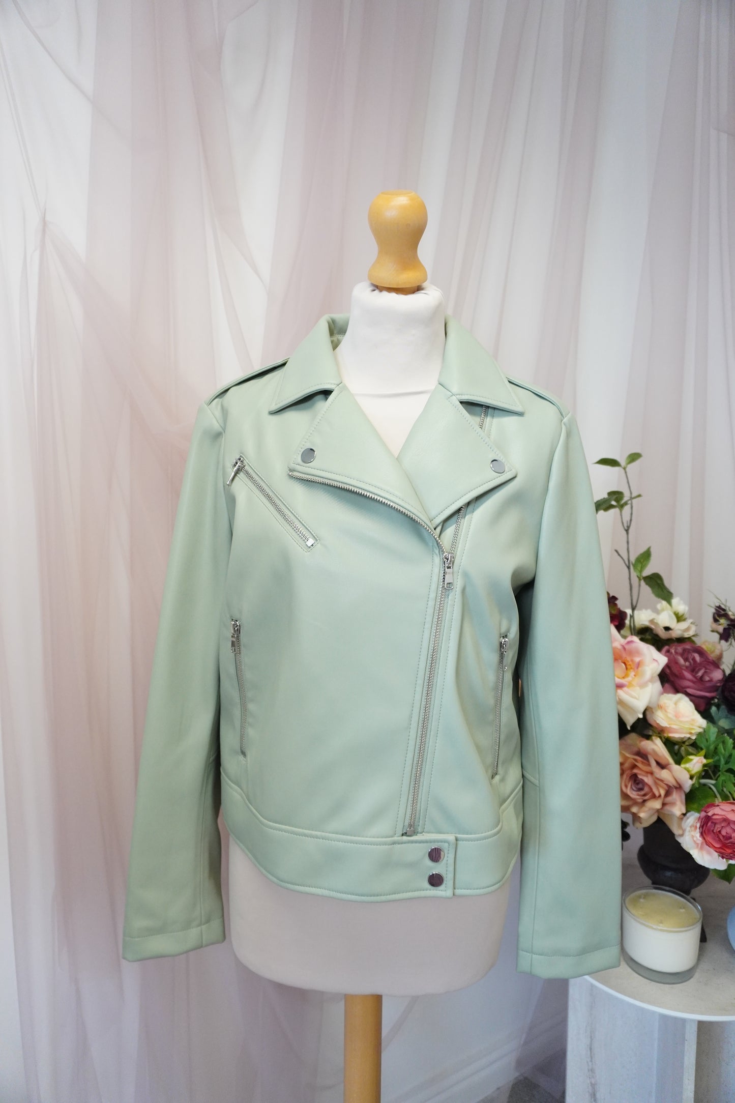 Women's Sage Green 'Just Married' Embroidered Floral Faux Leather Jacket Biker Moto Style