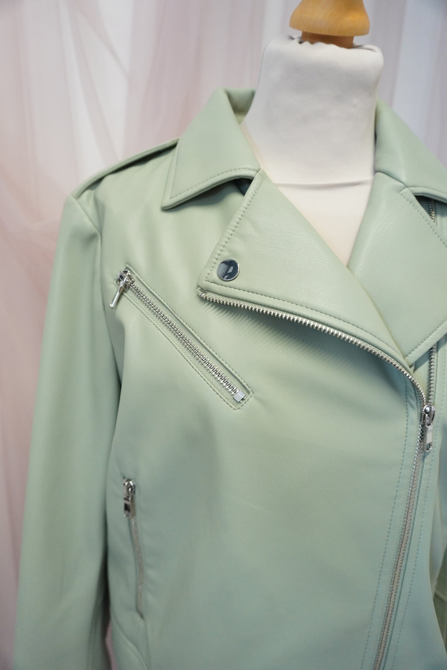 Women's Sage Green 'Just Married' Embroidered Floral Faux Leather Jacket Biker Moto Style