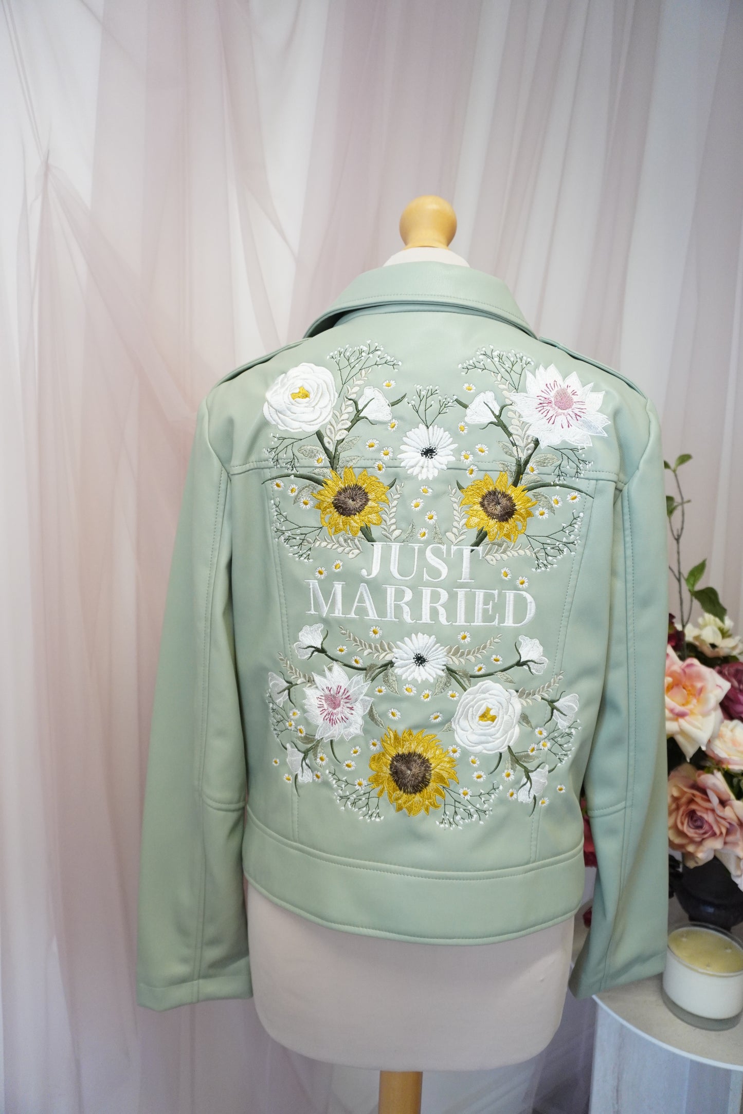 Women's Sage Green 'Just Married' Embroidered Floral Faux Leather Jacket Biker Moto Style