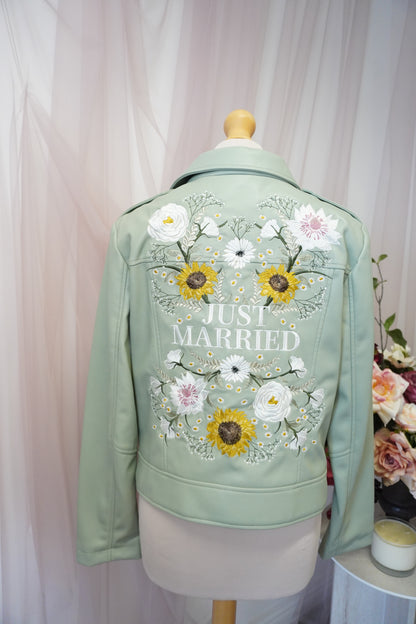 Women's Sage Green 'Just Married' Embroidered Floral Faux Leather Jacket Biker Moto Style