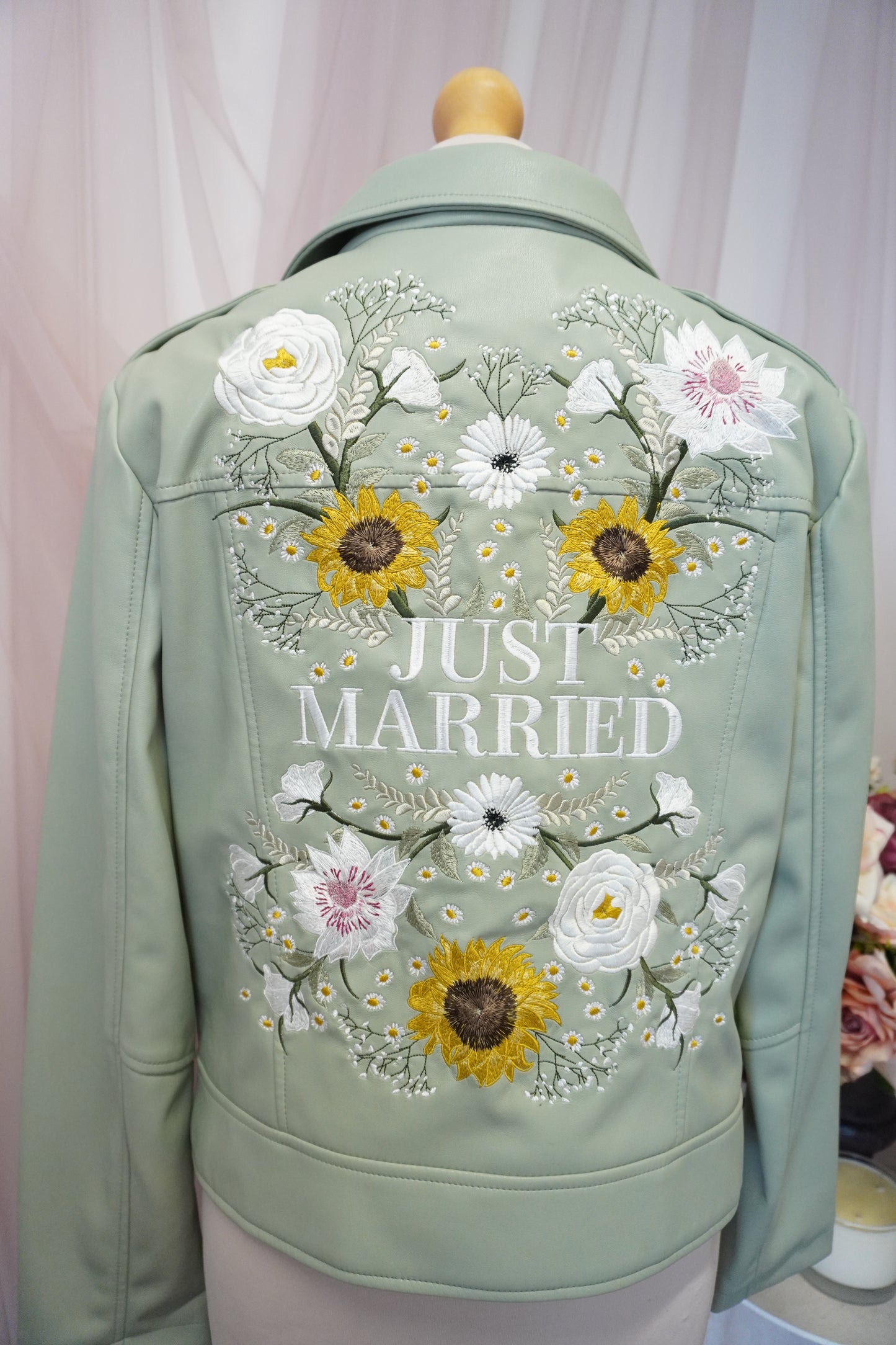 Women's Sage Green 'Just Married' Embroidered Floral Faux Leather Jacket Biker Moto Style
