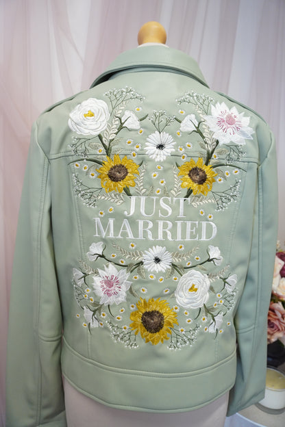 Women's Sage Green 'Just Married' Embroidered Floral Faux Leather Jacket Biker Moto Style