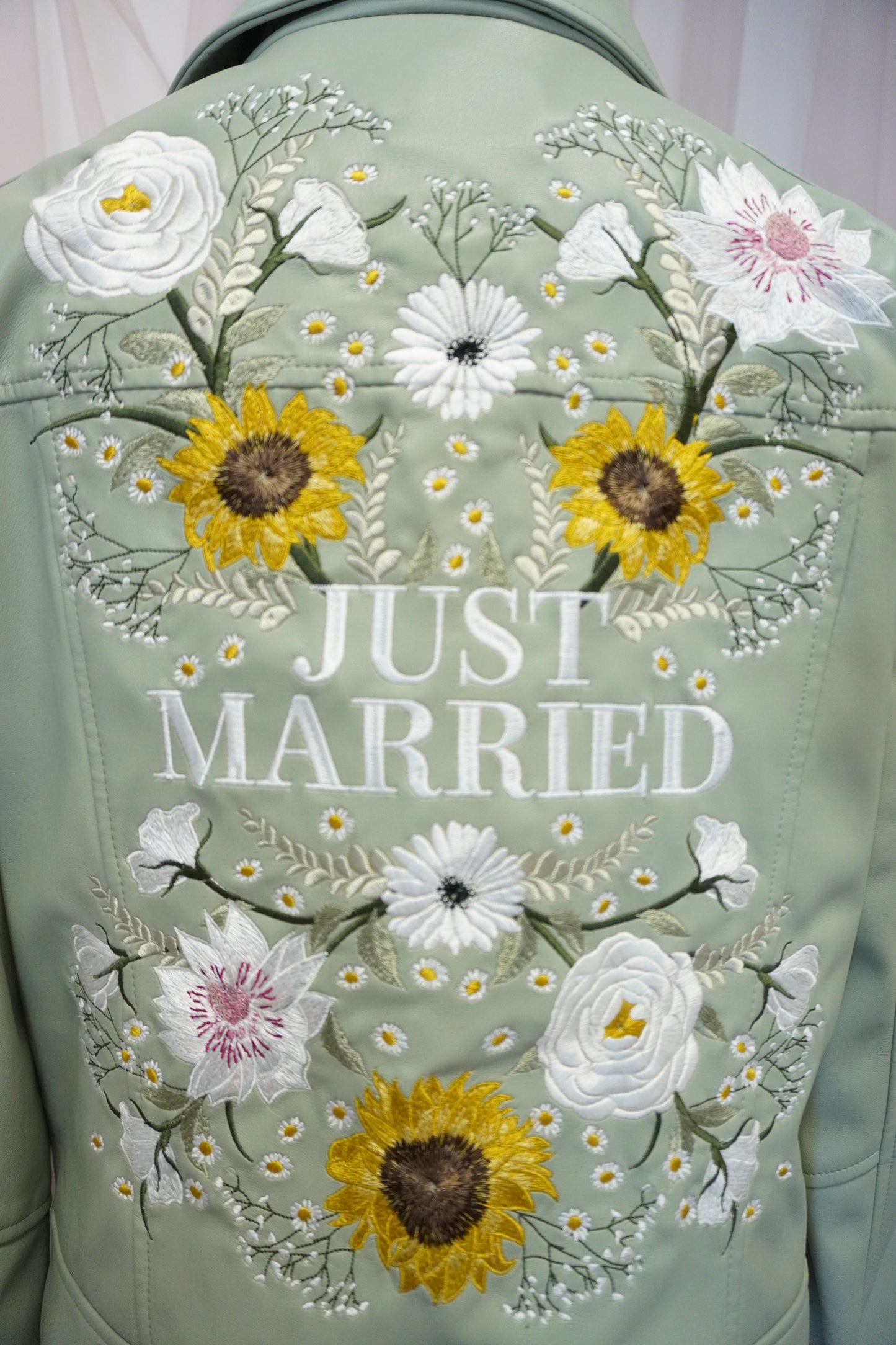 Women's Sage Green 'Just Married' Embroidered Floral Faux Leather Jacket Biker Moto Style