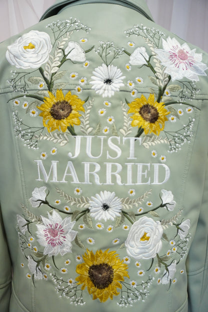 Women's Sage Green 'Just Married' Embroidered Floral Faux Leather Jacket Biker Moto Style