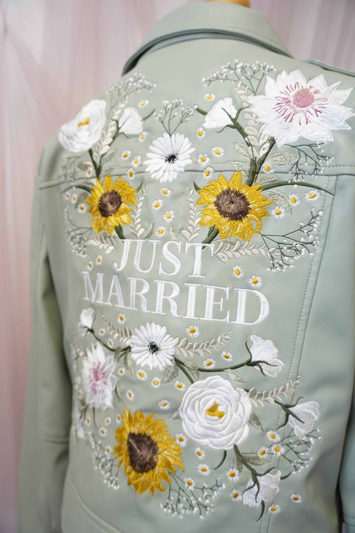 Women's Sage Green 'Just Married' Embroidered Floral Faux Leather Jacket Biker Moto Style
