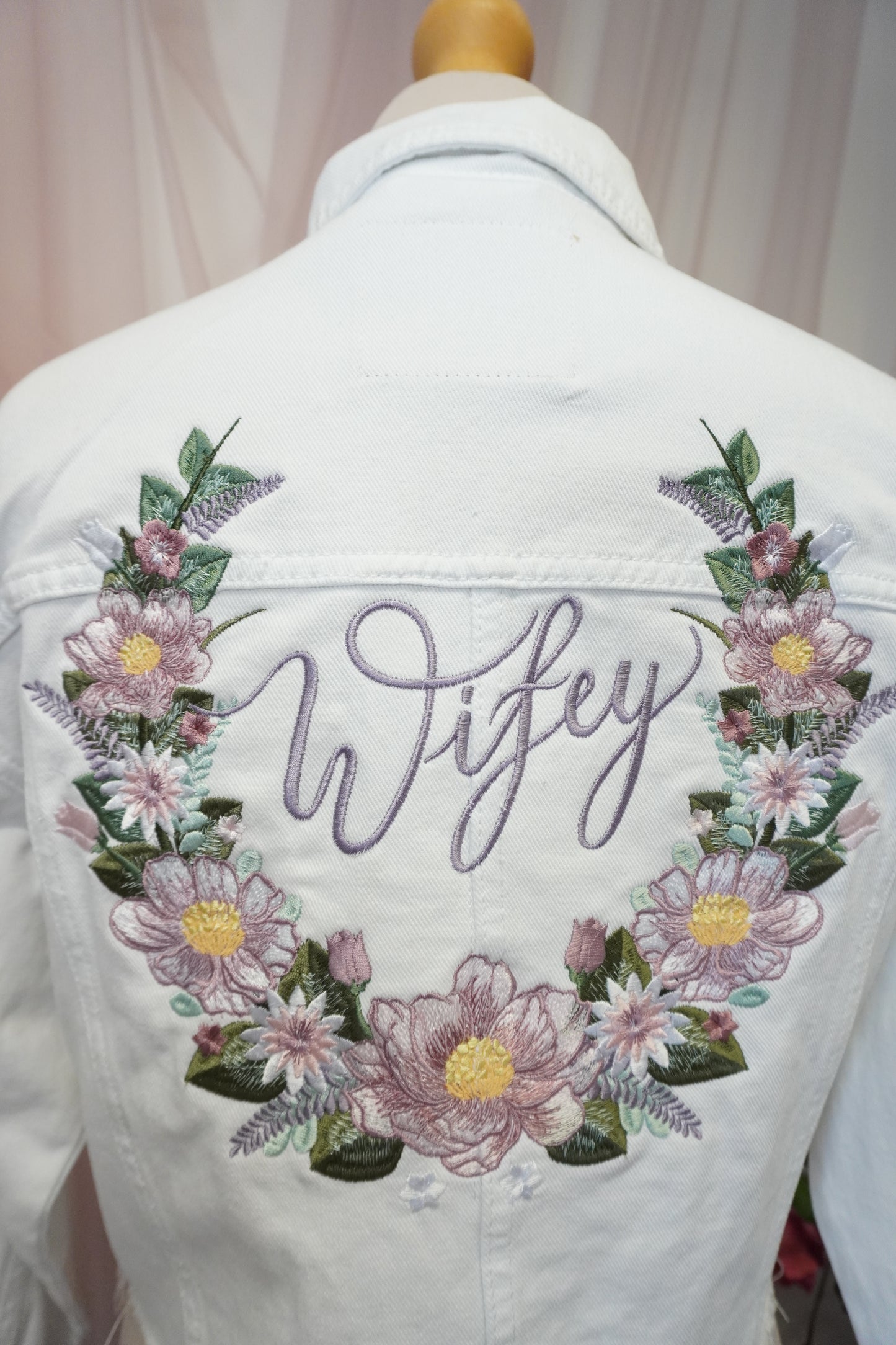 White Denim Wifey Wedding Bridal Jacket Luxury Embroidery Purple Pink Pastel - Women's