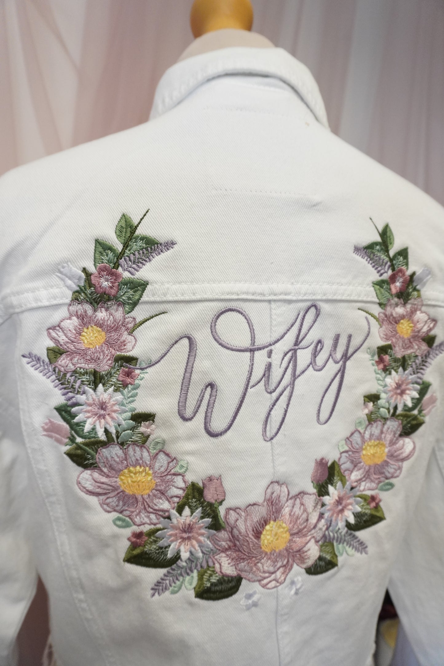 White Denim Wifey Wedding Bridal Jacket Luxury Embroidery Purple Pink Pastel - Women's