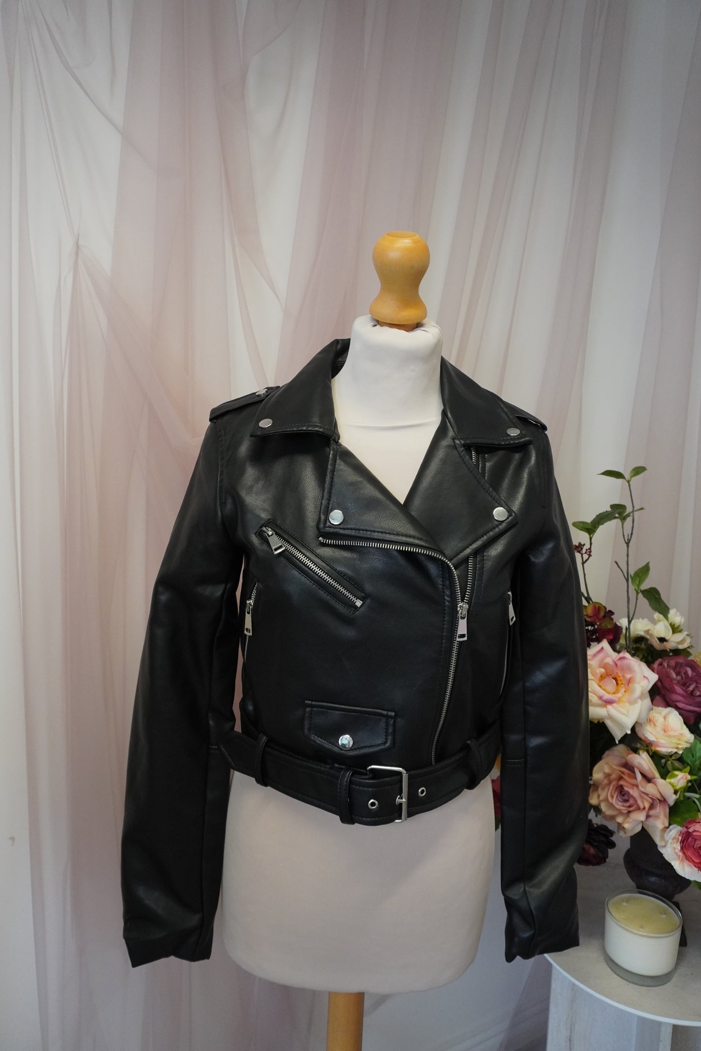 Luxury Floral Embroidered Black Faux Leather Jacket - Pink, Red, White, Burgundy Muted Design
