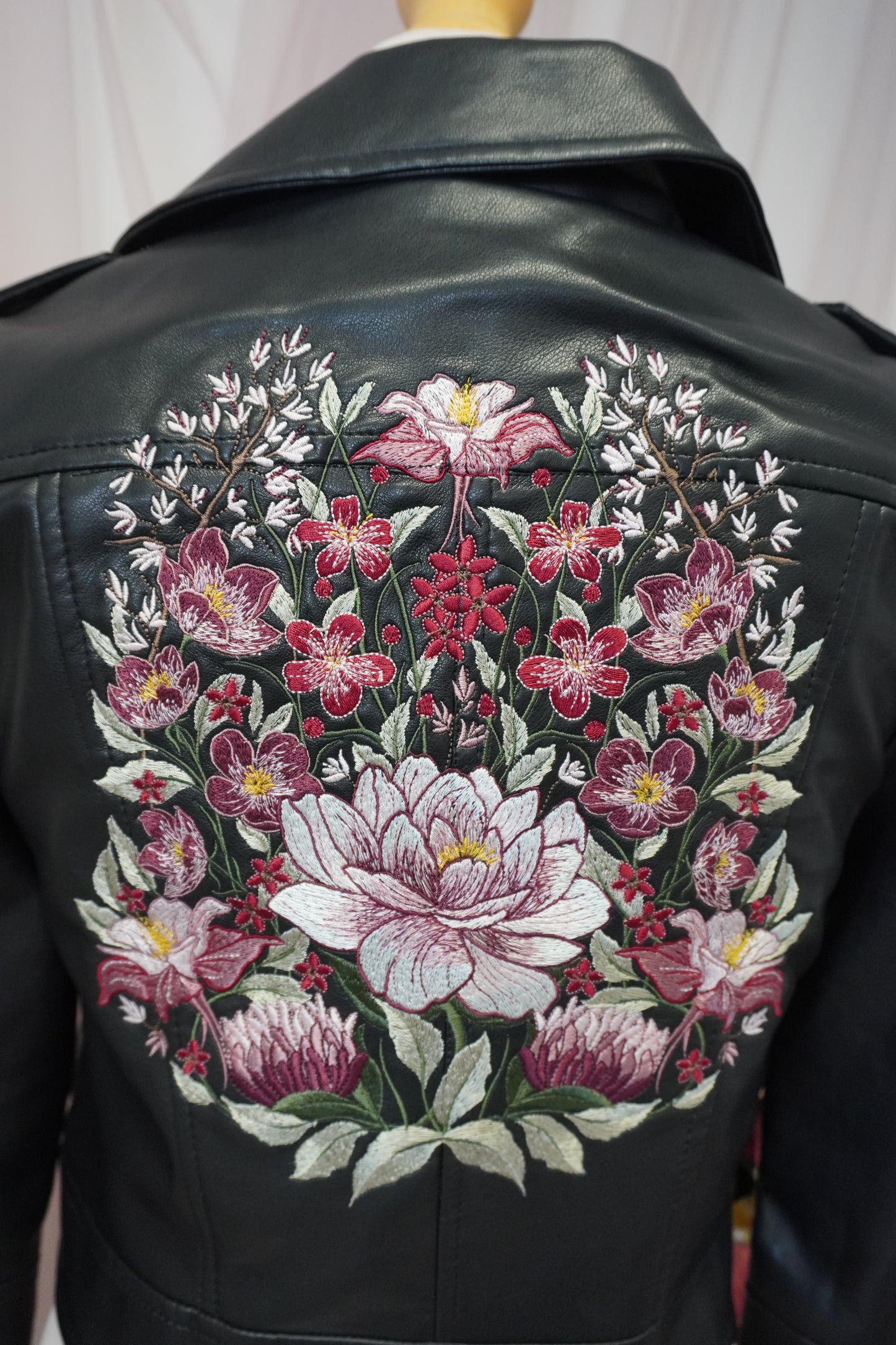 Luxury Floral Embroidered Black Faux Leather Jacket - Pink, Red, White, Burgundy Muted Design
