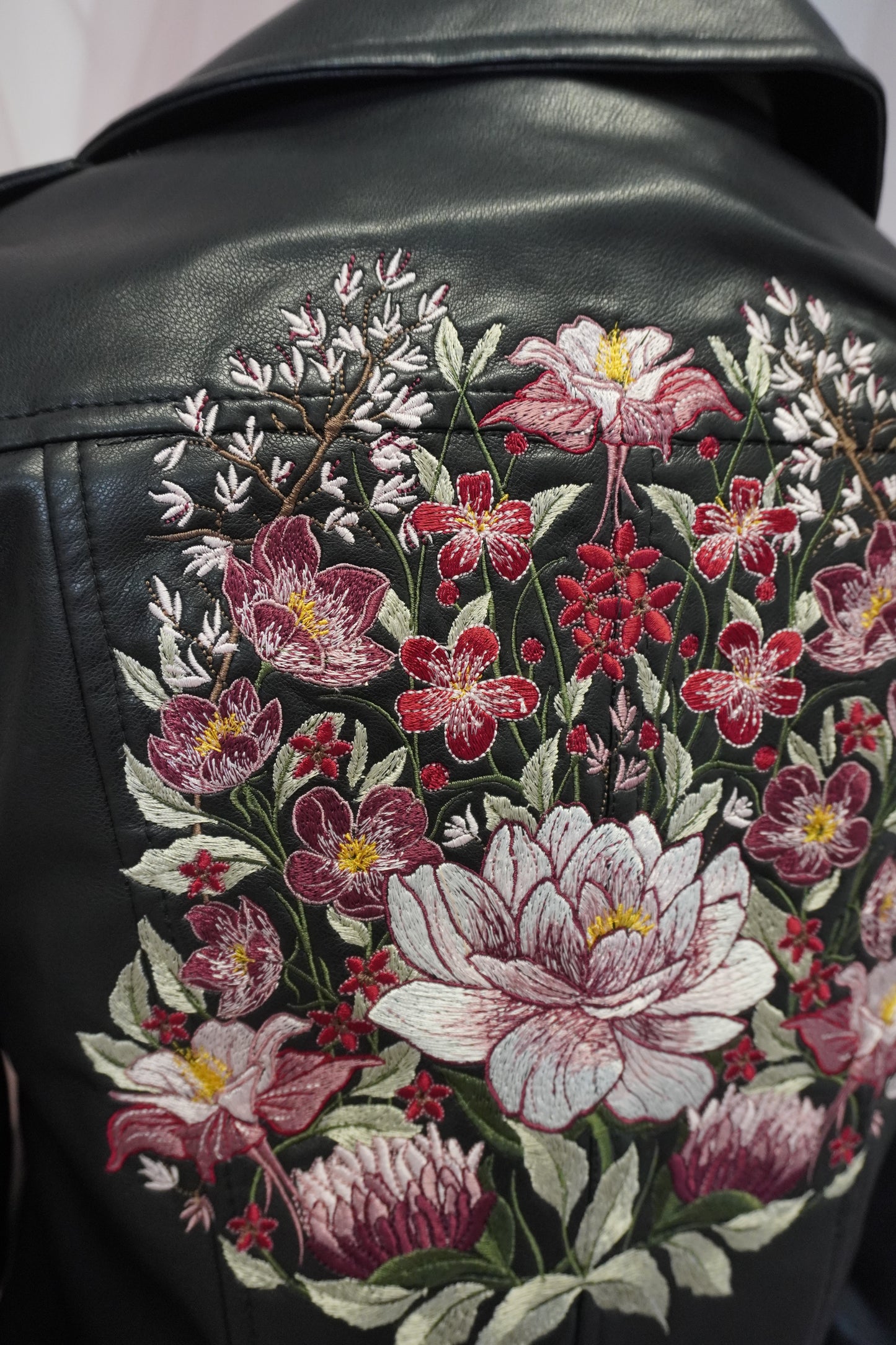 Luxury Floral Embroidered Black Faux Leather Jacket - Pink, Red, White, Burgundy Muted Design