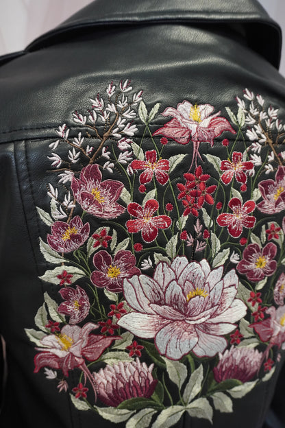 Luxury Floral Embroidered Black Faux Leather Jacket - Pink, Red, White, Burgundy Muted Design