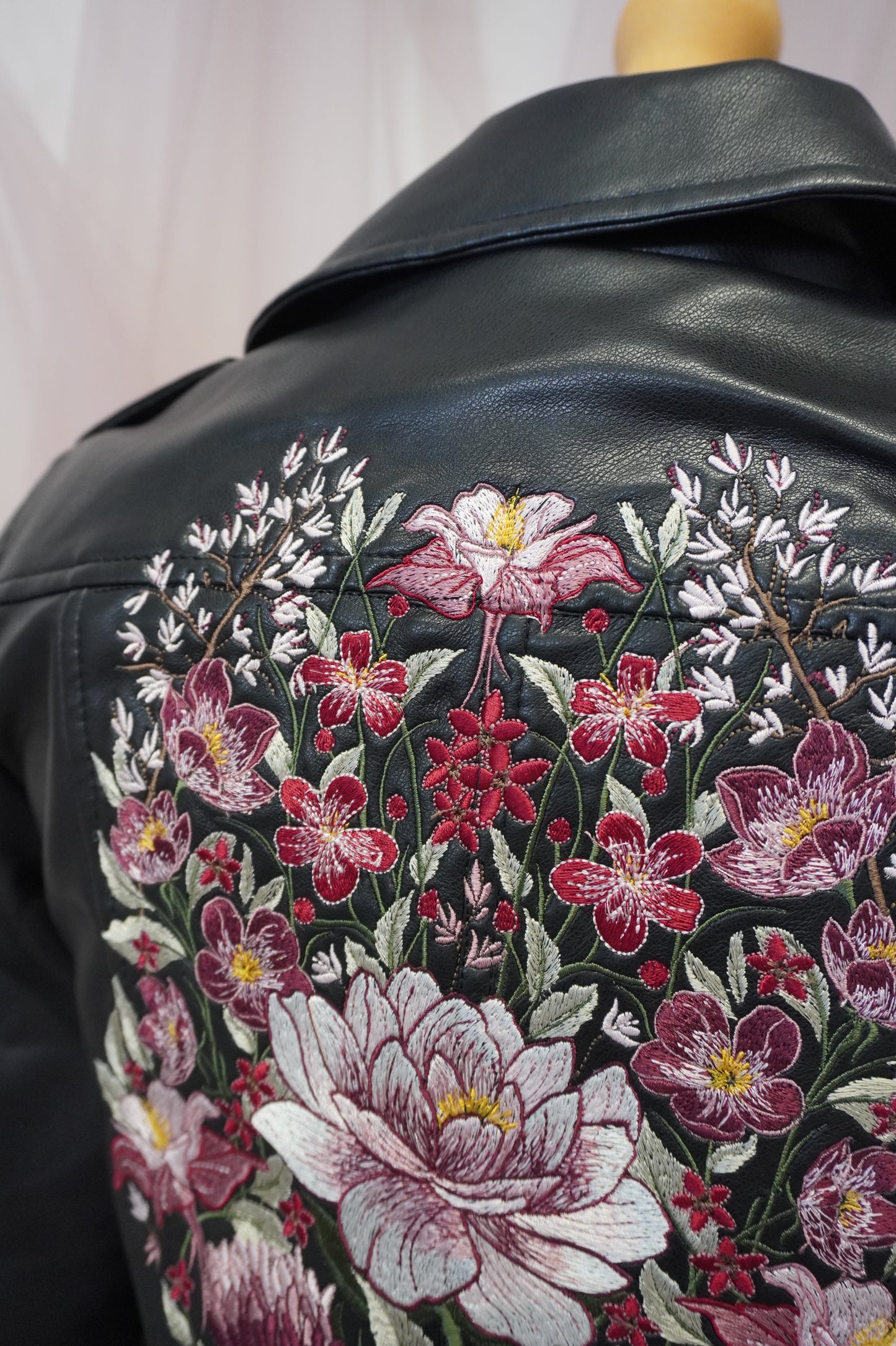 Luxury Floral Embroidered Black Faux Leather Jacket - Pink, Red, White, Burgundy Muted Design