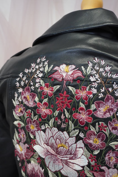 Luxury Floral Embroidered Black Faux Leather Jacket - Pink, Red, White, Burgundy Muted Design