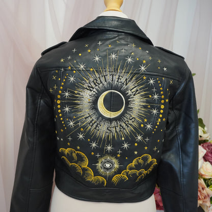 Written In The Stars Celestial Embroidered Black Cropped Faux Leather Jacket - Zodiac Star Sign Clouds Stars Sun Moon