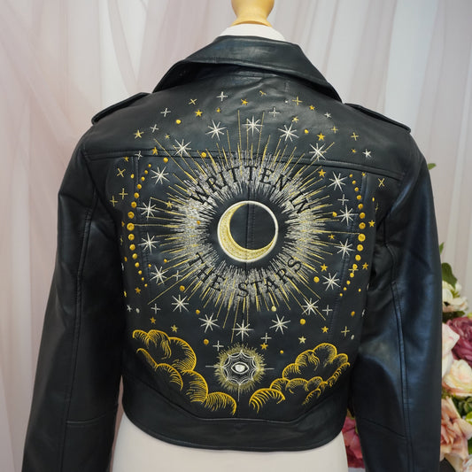 Written In The Stars Celestial Embroidered Black Cropped Faux Leather Jacket - Zodiac Star Sign Clouds Stars Sun Moon