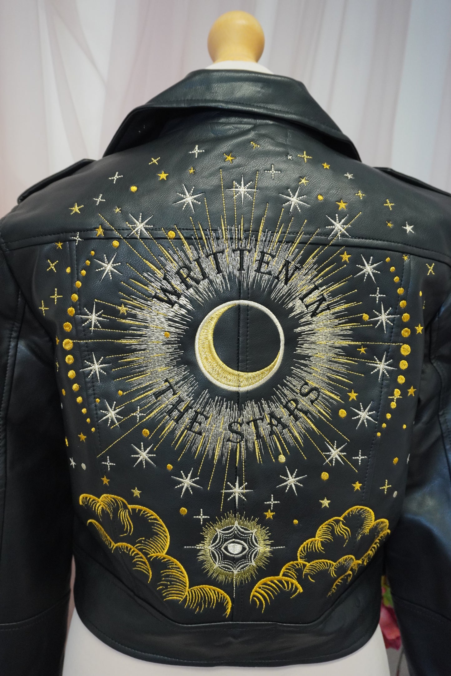 Written In The Stars Celestial Embroidered Black Cropped Faux Leather Jacket - Zodiac Star Sign Clouds Stars Sun Moon