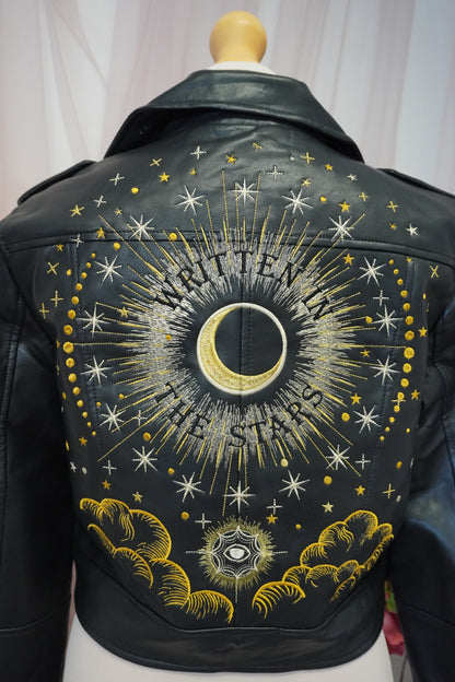 Written In The Stars Celestial Embroidered Black Cropped Faux Leather Jacket - Zodiac Star Sign Clouds Stars Sun Moon