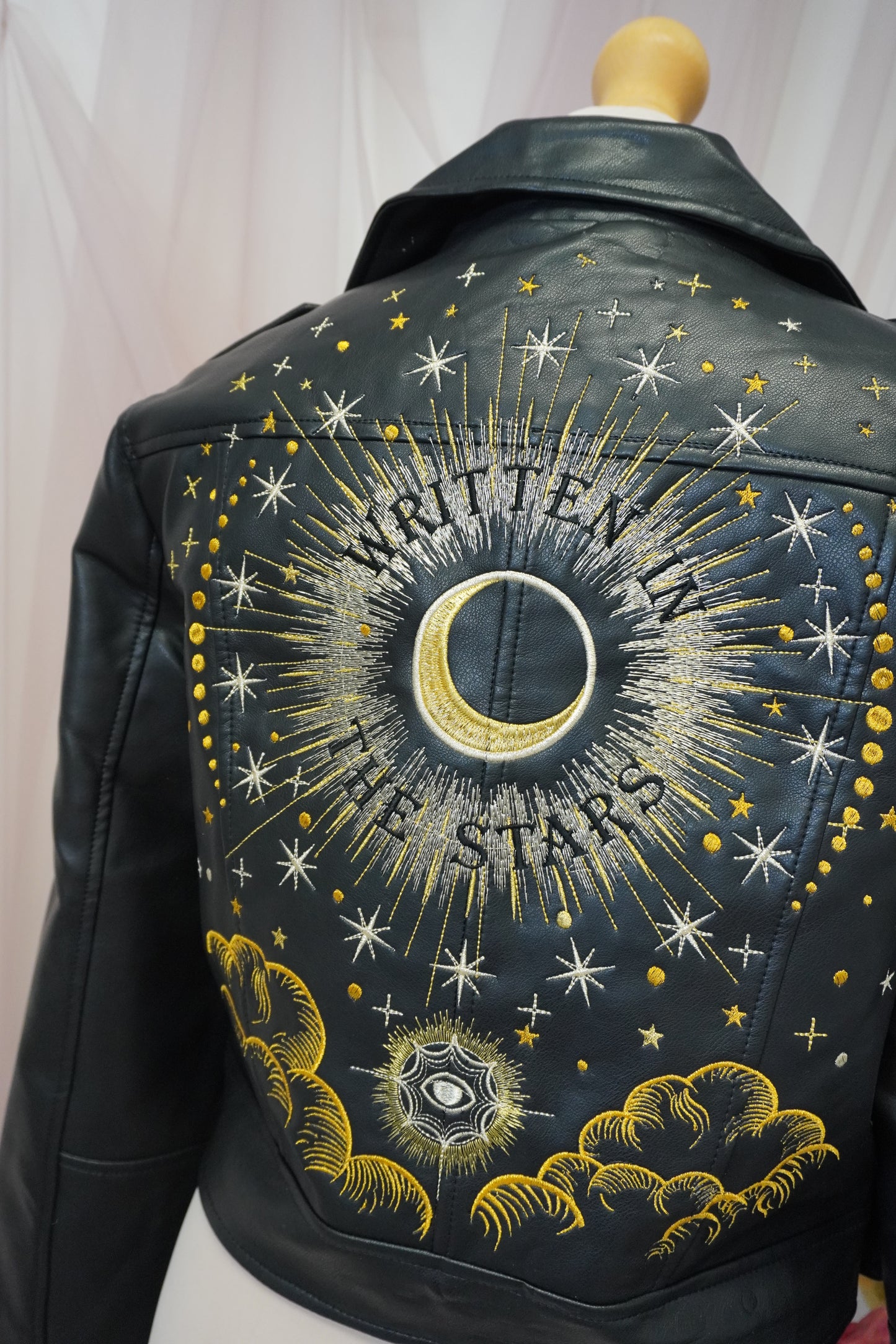 Written In The Stars Celestial Embroidered Black Cropped Faux Leather Jacket - Zodiac Star Sign Clouds Stars Sun Moon