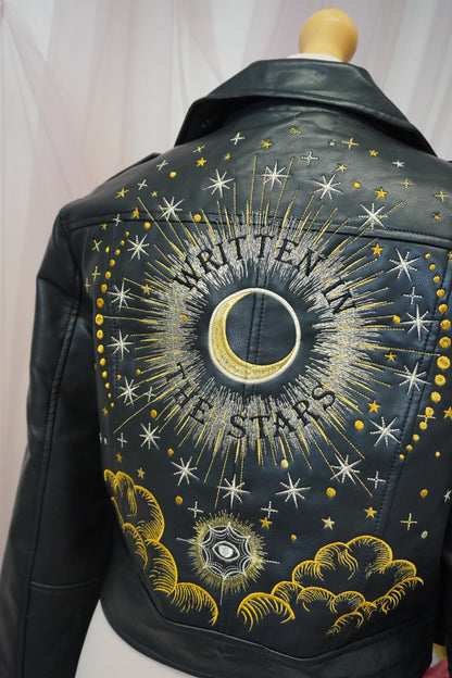 Written In The Stars Celestial Embroidered Black Cropped Faux Leather Jacket - Zodiac Star Sign Clouds Stars Sun Moon