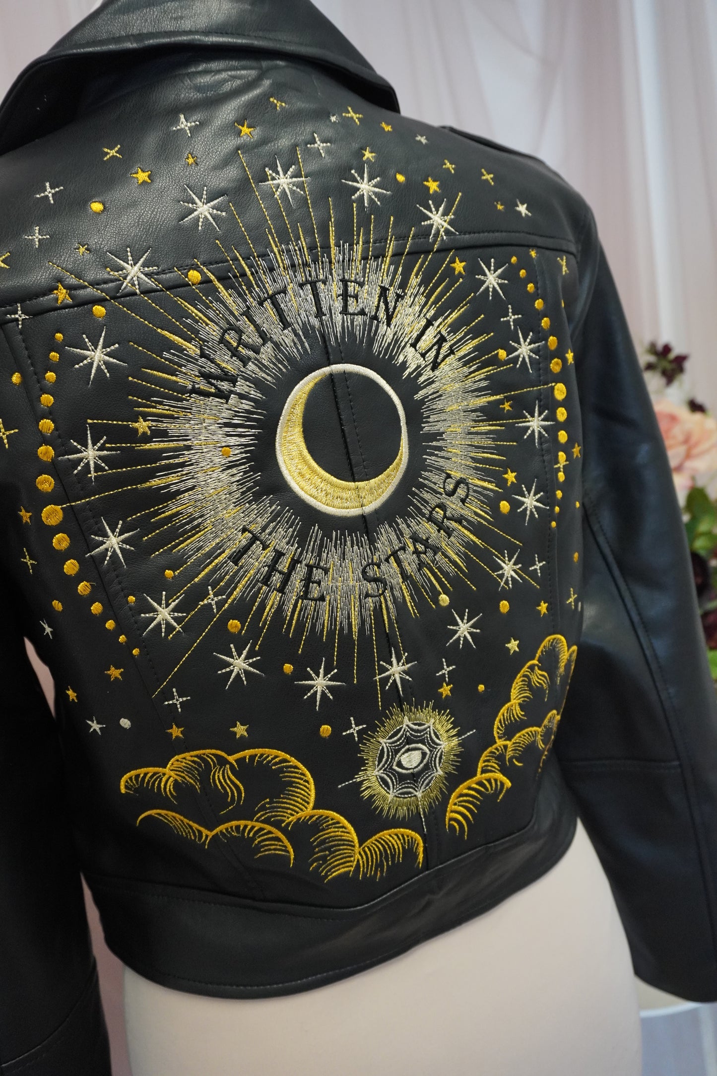 Written In The Stars Celestial Embroidered Black Cropped Faux Leather Jacket - Zodiac Star Sign Clouds Stars Sun Moon