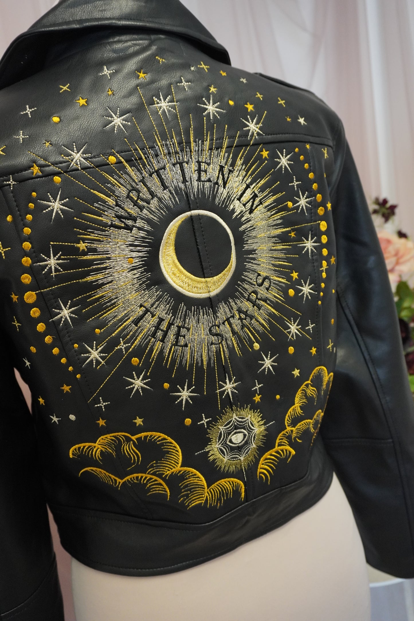 Written In The Stars Celestial Embroidered Black Cropped Faux Leather Jacket - Zodiac Star Sign Clouds Stars Sun Moon