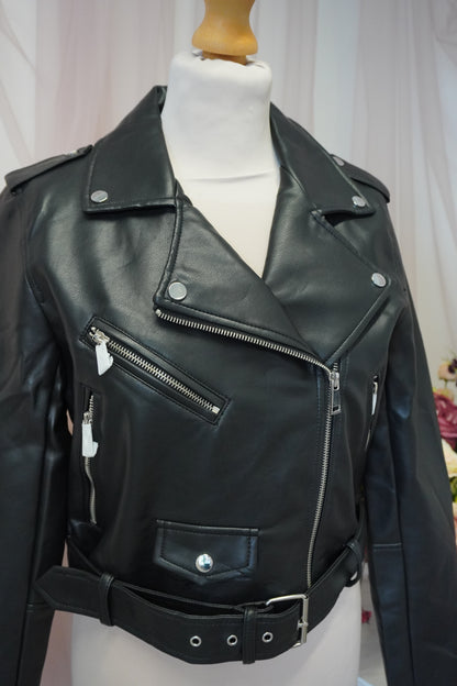 Written In The Stars Celestial Embroidered Black Cropped Faux Leather Jacket - Zodiac Star Sign Clouds Stars Sun Moon