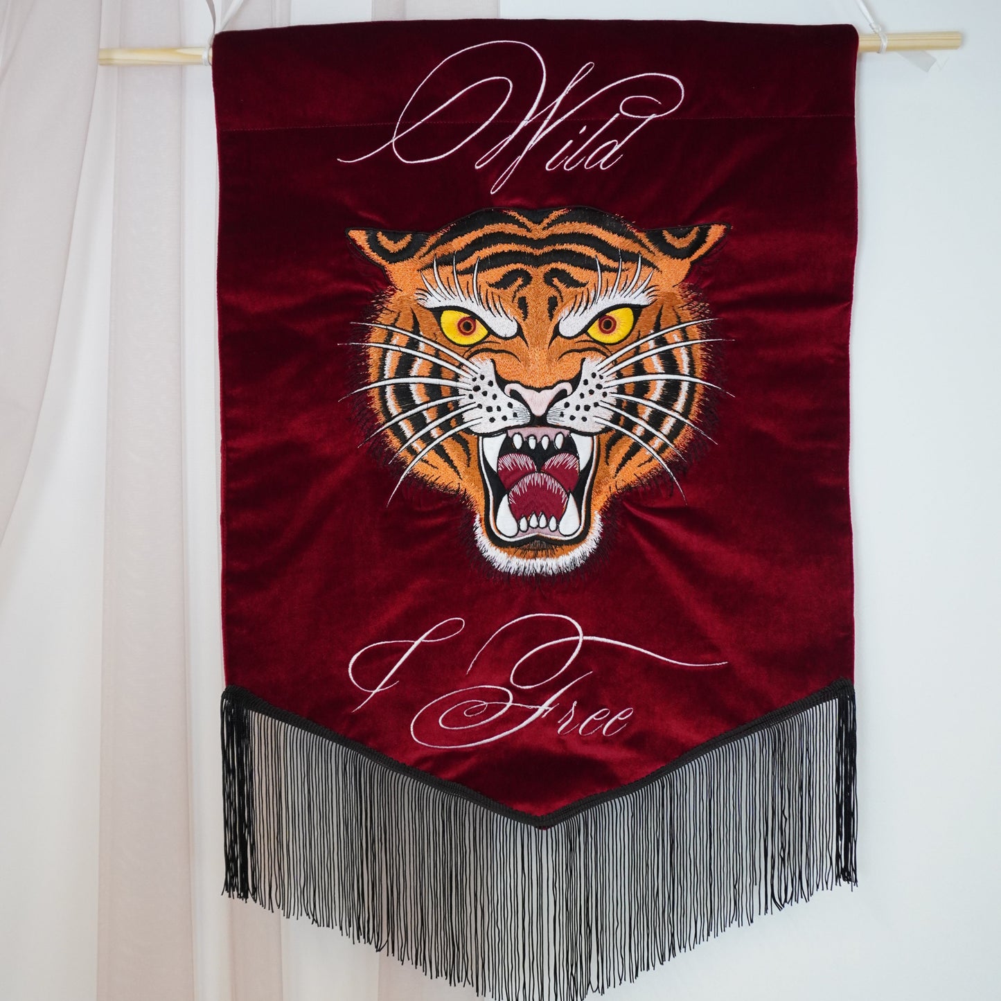 Custom Embroidered Tiger Velvet Banner | Oriental Tattoo Style Wall Art | Luxury Home and Studio Décor & Housewarming Gift