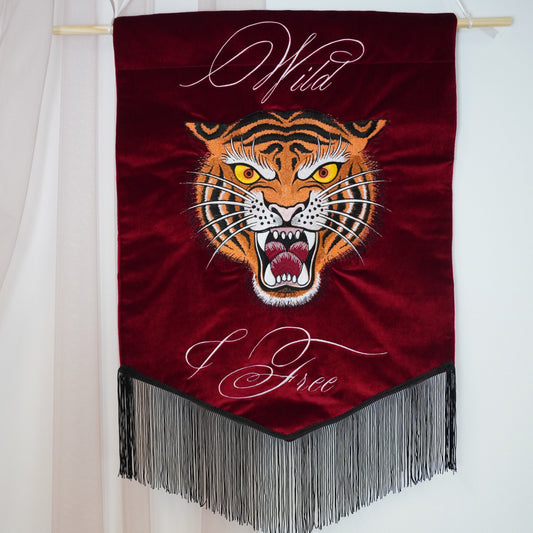Custom embroidered roaring tiger banner in burgundy velvet with black tassels