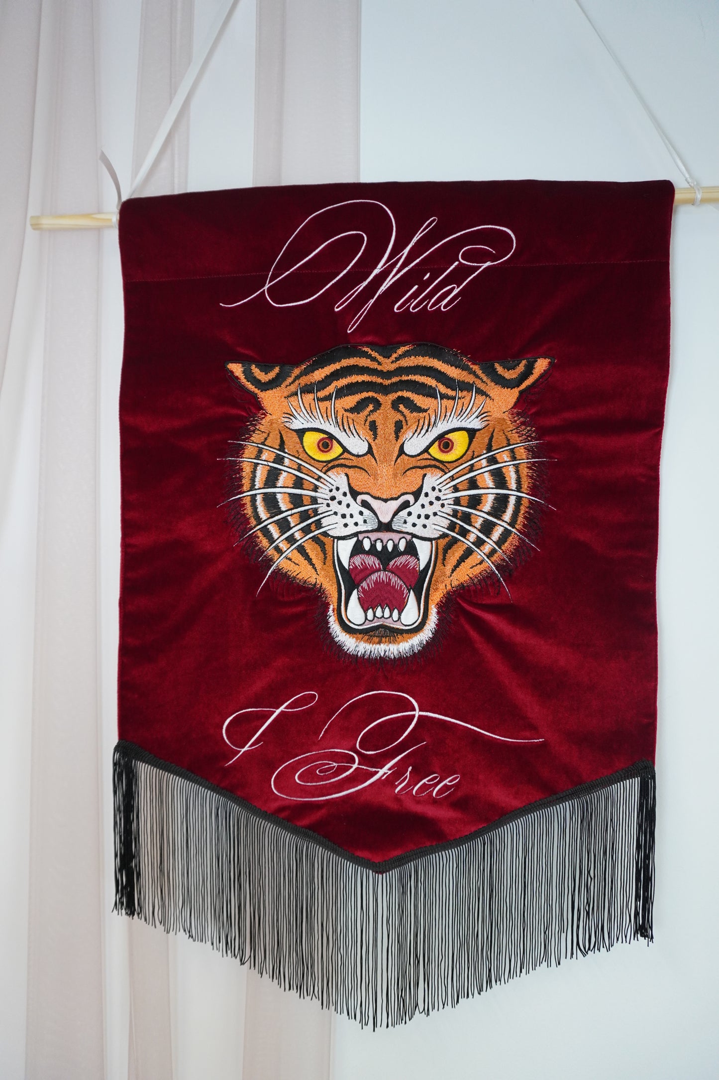 Custom Embroidered Tiger Velvet Banner | Oriental Tattoo Style Wall Art | Luxury Home and Studio Décor & Housewarming Gift