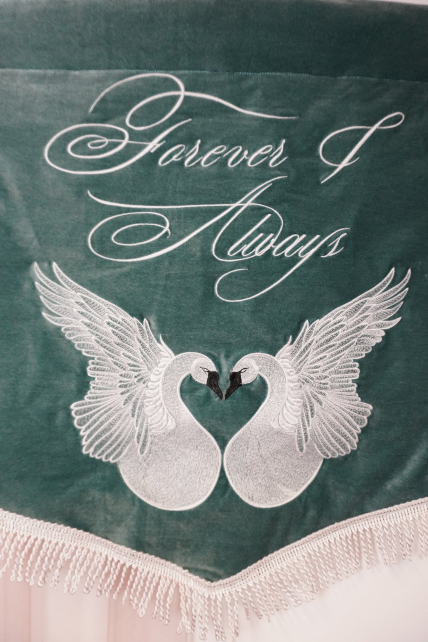 Custom Signature Swan Forever & Always Wedding Banner - Romantic Luxury Embroidered Decor
