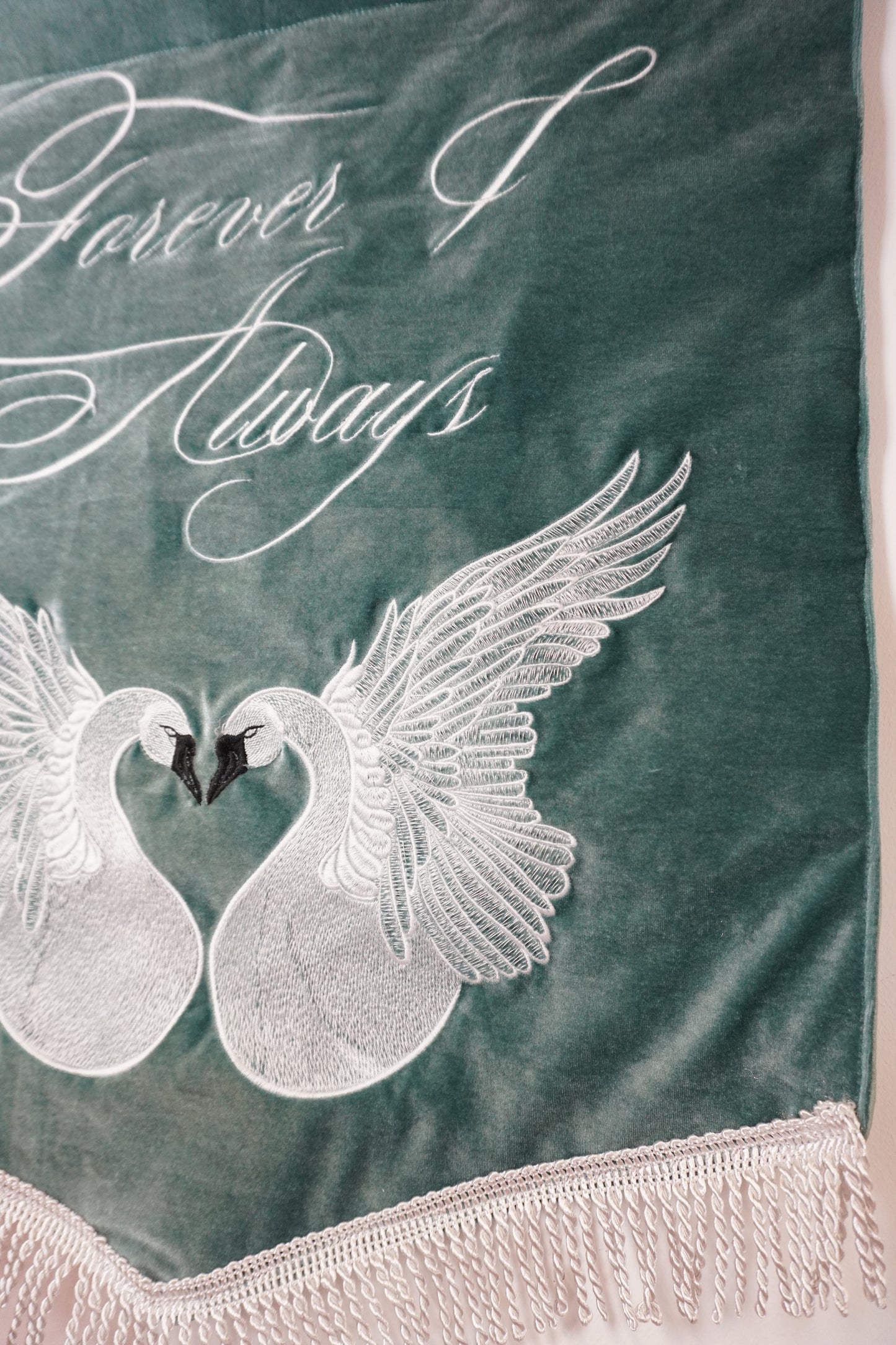 Custom Signature Swan Forever & Always Wedding Banner - Romantic Luxury Embroidered Decor