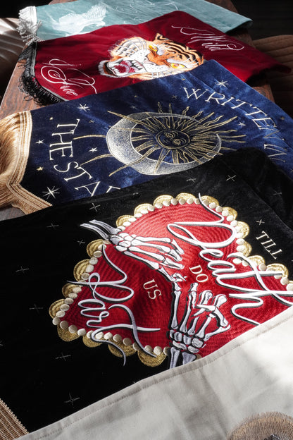 Custom Celestial Heart & Skeleton Banner | Personalised Velvet Wall Art