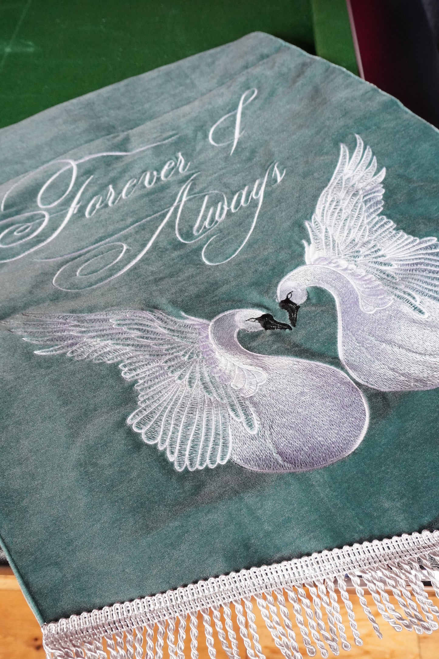 Custom Signature Swan Forever & Always Wedding Banner - Romantic Luxury Embroidered Decor