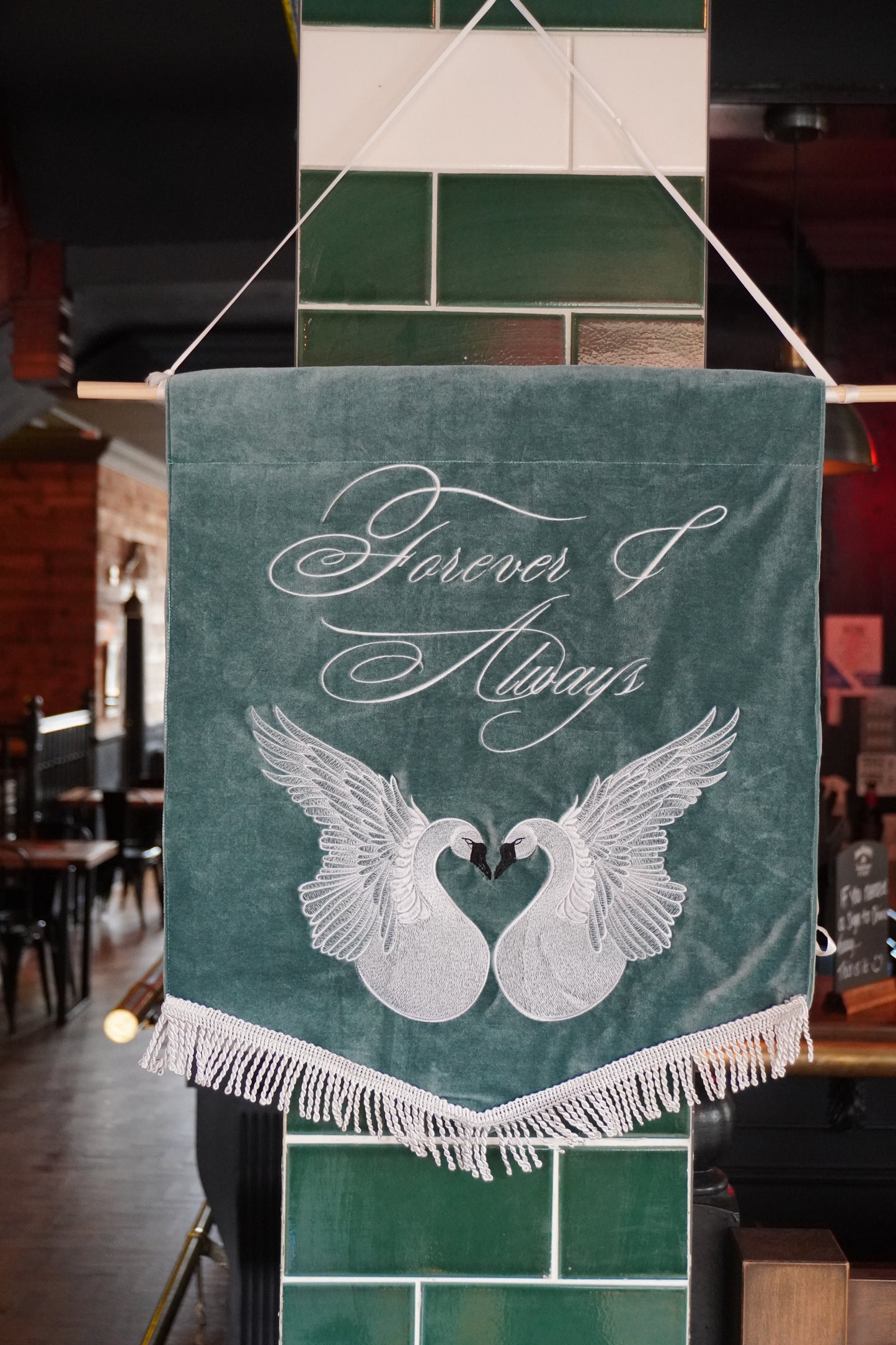 Custom Signature Swan Forever & Always Wedding Banner - Romantic Luxury Embroidered Decor