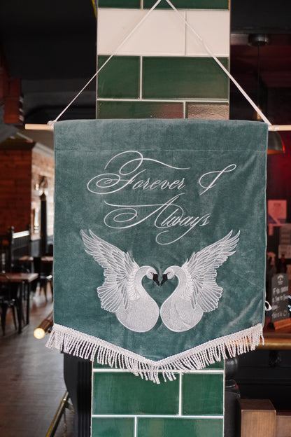 Custom Signature Swan Forever & Always Wedding Banner - Romantic Luxury Embroidered Decor