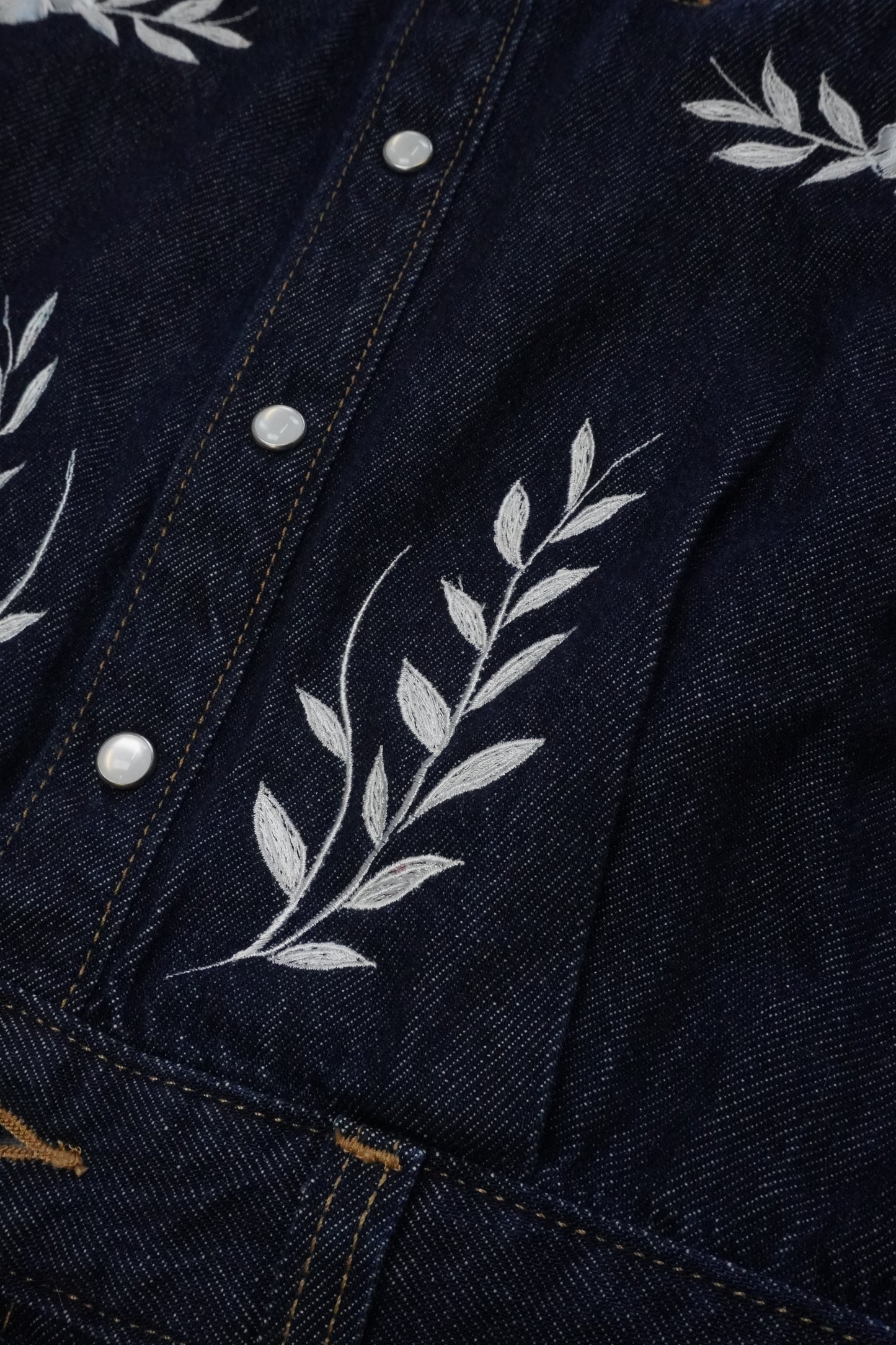 Luxury Levi's Embroidered Dark Blue Wash Jumpsuit with White Beaded Floral Embroidery
