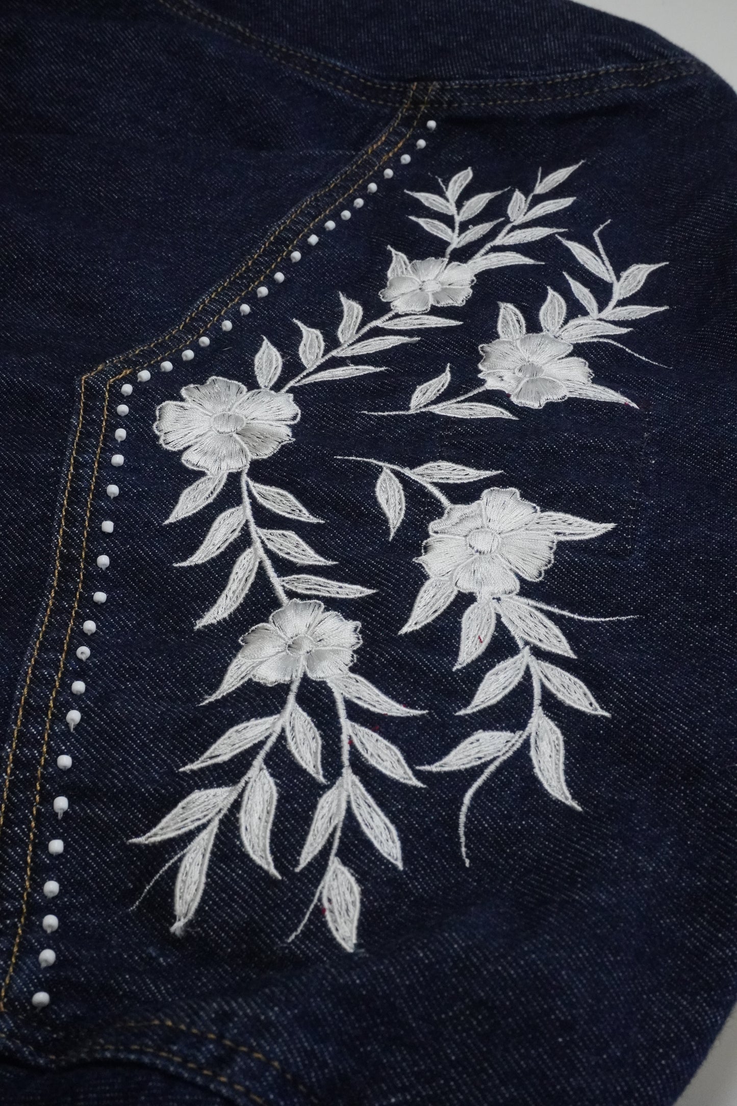 Luxury Levi's Embroidered Dark Blue Wash Jumpsuit with White Beaded Floral Embroidery