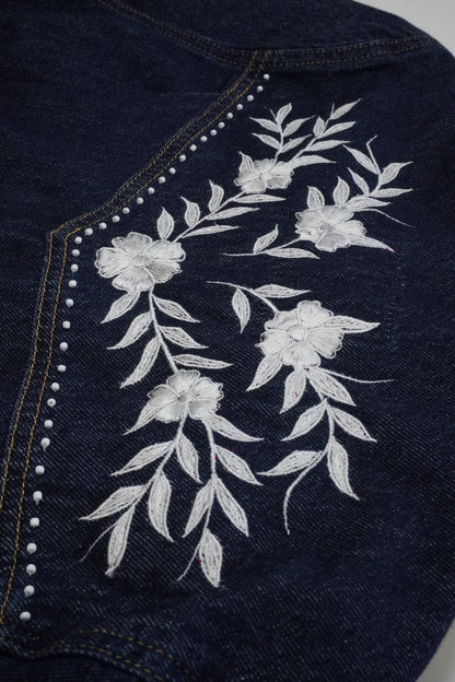 Luxury Levi's Embroidered Dark Blue Wash Jumpsuit with White Beaded Floral Embroidery