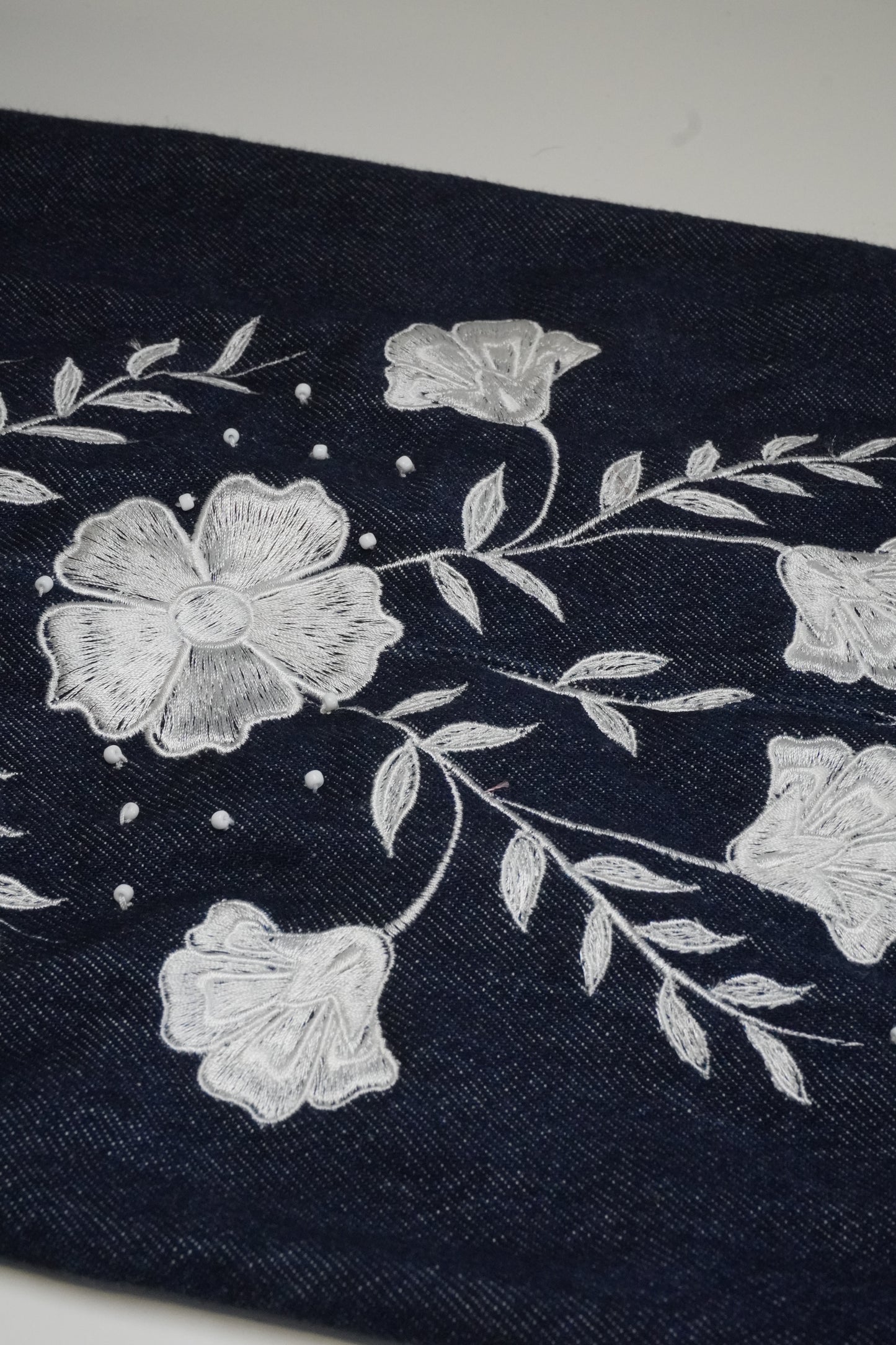 Luxury Levi's Embroidered Dark Blue Wash Jumpsuit with White Beaded Floral Embroidery