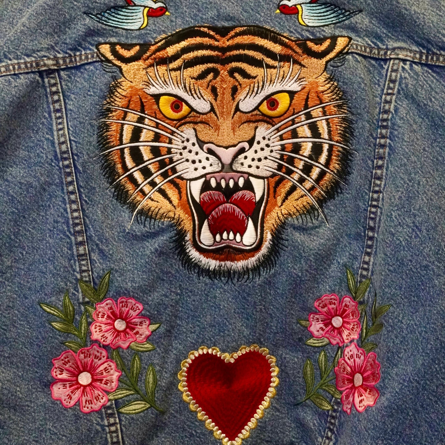Wild Heart Tiger Embroidered Denim Jacket – Women’s Oversized Vintage Style