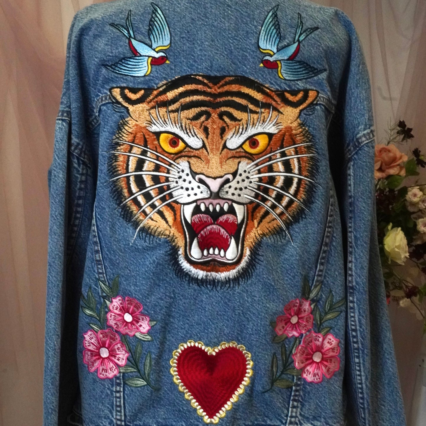 Wild Heart Tiger Embroidered Denim Jacket – Women’s Oversized Vintage Style