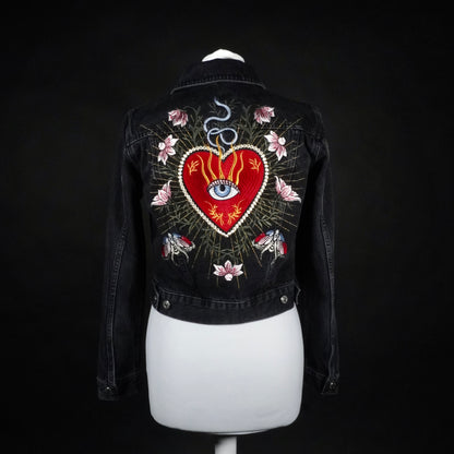 Custom Heart Eye Sacred Celestial Butterfly Floral Denim Jean Embroidered Jacket