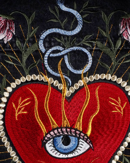 Custom Heart Eye Sacred Celestial Butterfly Floral Denim Jean Embroidered Jacket