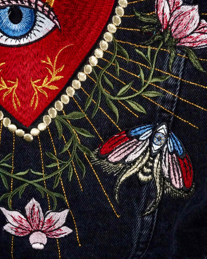 Custom Heart Eye Sacred Celestial Butterfly Floral Denim Jean Embroidered Jacket