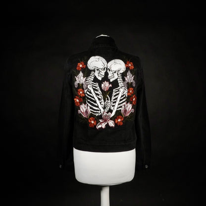 Custom Skeleton Embroidered Bridal Jacket - Black Gothic Alternative Wedding Denim Jacket